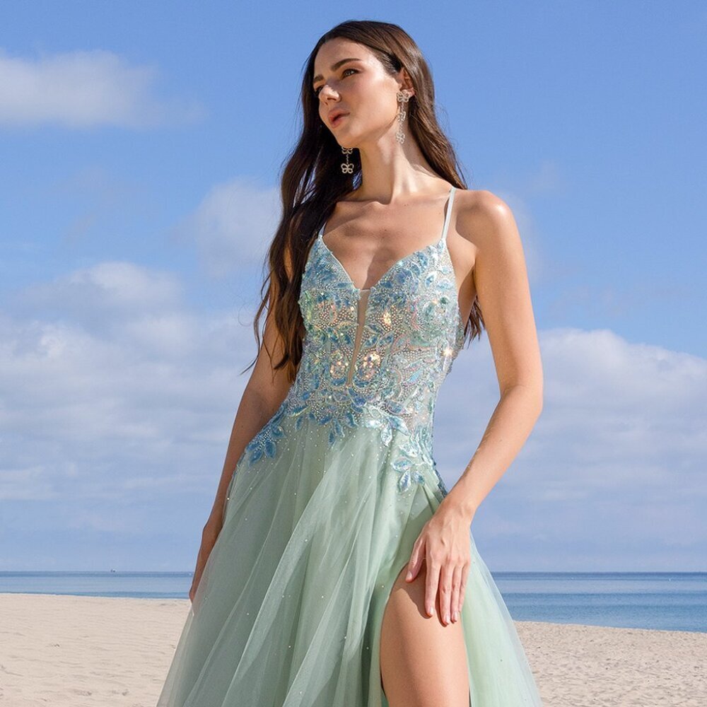 NEW FORMAL A-LINE SLEEVELESS SEQUINS EMBELLISHED GOWN W/ PLUNGING NECK AC TM1028